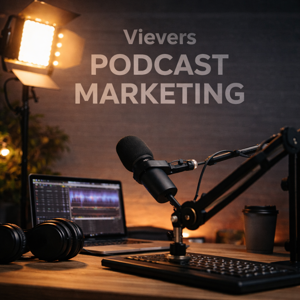 Podcast marketing studio setup with microphone, headphones and audio editing workspace by Vievers Podcast Marketing