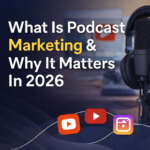 Podcast microphone with social media icons for podcast marketing blog 2026